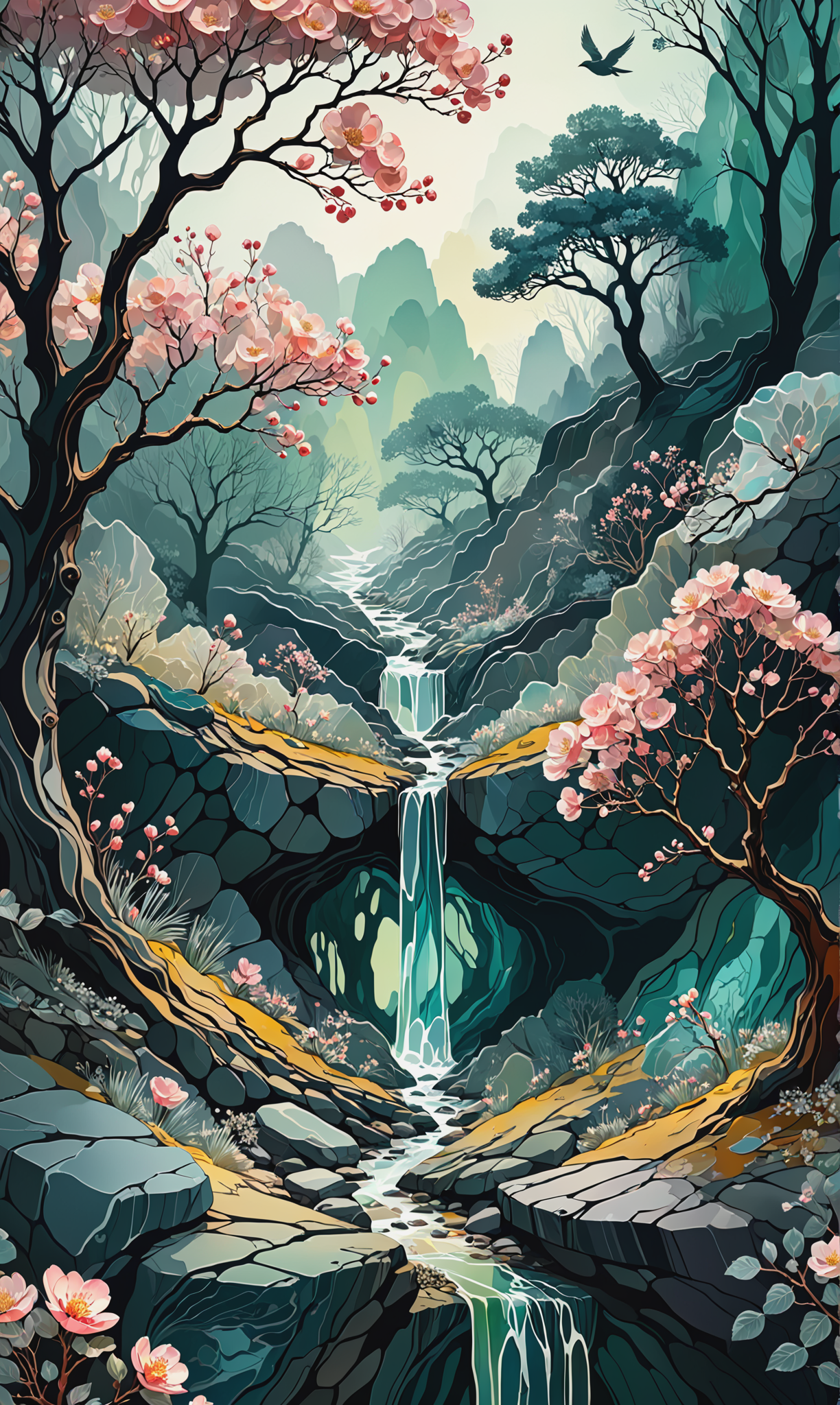 01628-2501539928-Vrubel, soft shadow, muted colors, Extra detailed, sketch, vector, forest, birds apple bloom trees, agate translucent liquid tra.png